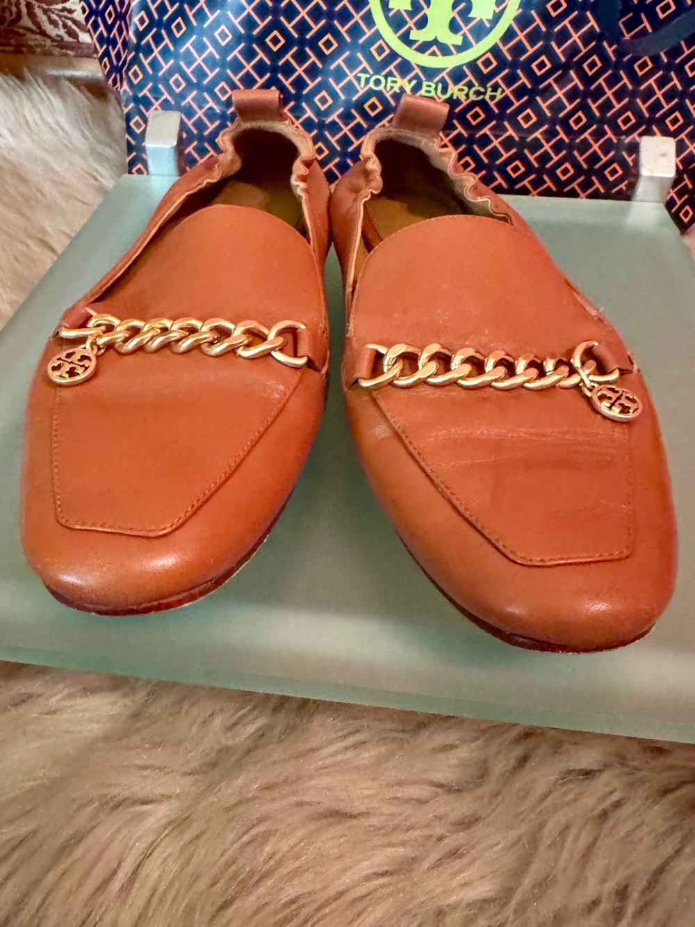 Tory Burch Women's Tan Leather Chain-Accent Loafers - Picture 2 of 7